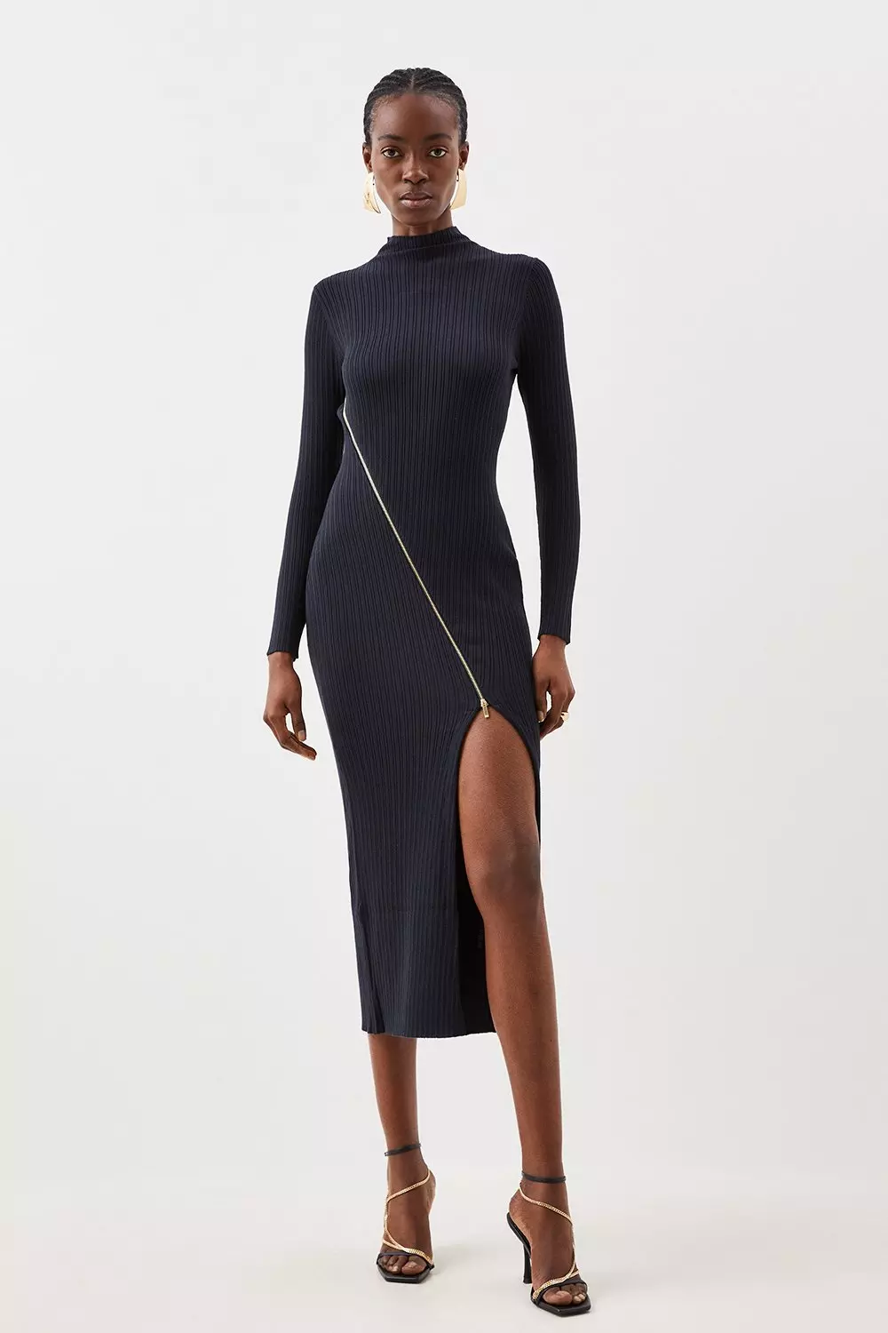 Viscose Blend Rib Knit Zip Detail Asymmetric Dress | Karen Millen